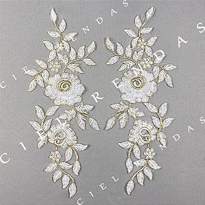 Aplicação Tule Bordado Dourado com Sutache CH-1101/D (15,0cm - 38,0cm)(3 pares)