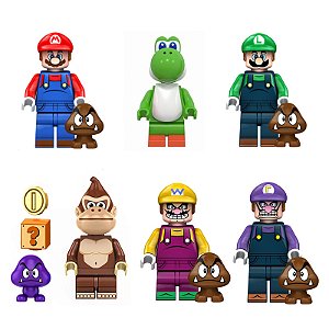 Kit 6 Bonecos Super Mario Bros Luigi Yoshi Donkey Kong Wario Waluigi Blocos de Montar
