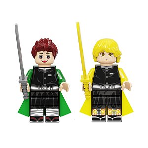 Kit 2 Bonecos Demon Slayer Tanjiro Zenitsu Blocos de Montar