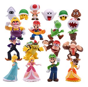 KIT 18 BONECOS MARIO BROS LUIGI TOAD BOWSER MINIATURAS PVC