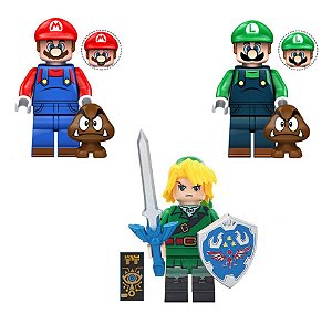 Kit 3 Bonecos Mario Luigi e Link Zelda Bloco de Montar