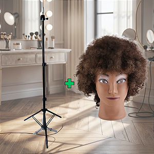 Cabeça de Boneca para Treino Cabelo Afro + Tripé Sem Bandeja