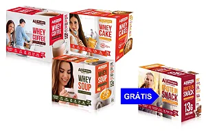Combo 3 Caixas + 1 Grátis: Cakes, Café, Soup e Salgadinho Fit - Maçã, Cappuccino, Tomate e Queijo | All Protein