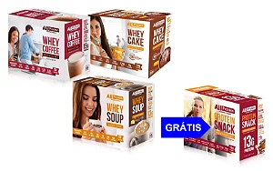 Combo 3 Caixas + 1 Grátis: Cakes, Café, Soup e Salgadinho Fit - Chocolate, Mocaccino, Carne e Multigrãos | All Protein