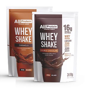 1 Pacote de Whey Shake Caramelo e 1 de Double Chocolate 600g (24 doses) - All Protein