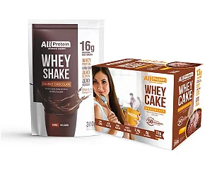 COMBO - 1 Caixa Whey Cake de Chocolate 360g + 1 Pacote de Whey Shake Double Chocolate 300g
