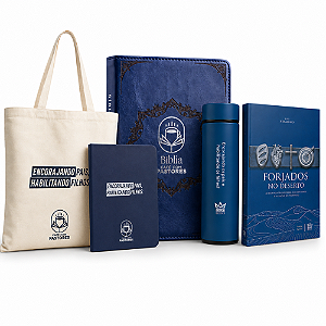 Kit Bíblia Café com Pastores Azul + Forjados no Deserto + Moleskini + EcoBag + Garrafa