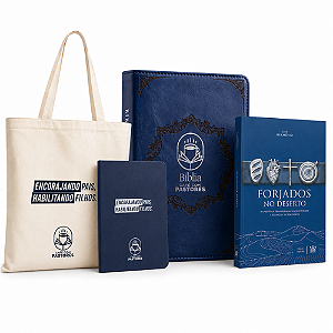 Kit Bíblia Café com Pastores Azul + Forjados no Deserto + Moleskini + EcoBag