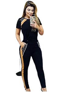 Conjunto de calça e blusa em malha  crepe com elastano - Preto com Mostarda