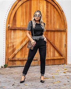 Conjunto de calça e blusa manga curta em malha crepe com elastano - Preto com Cinza