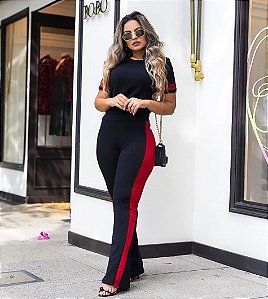 Conjunto de calça flare e blusa em malha crepe com elastano