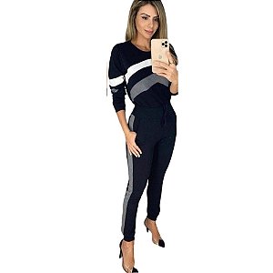 Conjunto de calça e blusa de manga longa em malha crepe encorpada com elastano