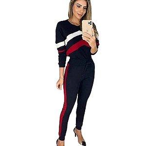 Conjunto de calça e blusa de manga longa em malha crepe com elastano - Preto com Vermelho