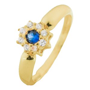 ANEL OURO AMARELO FLOR CRAVEJADA 18K COM ZIRCONIA BRANCA E AZUL PC 6.39