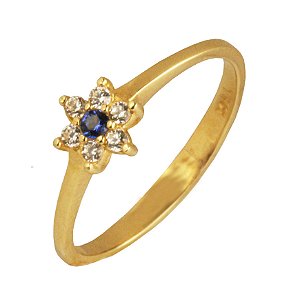 Anel flor com zirconia azul em ouro amarelo 18k PC 4.55