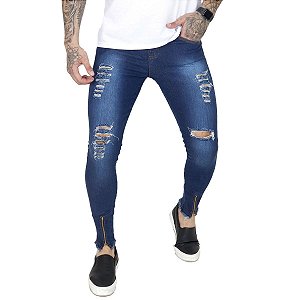 Calça Jeans Masculina Super Skinny zíper Escura Rasgada