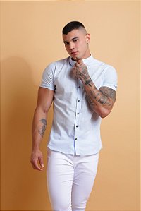 Camisa Linho Gola Padre Azul Pastel