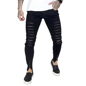 Calça Jeans Masculina Super Skinny Zíper - preta