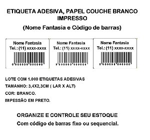 Etiquetas Adesiva Personalizada Impressas Código de Barras ou Sequencial - lote com 1.000 Etiquetas