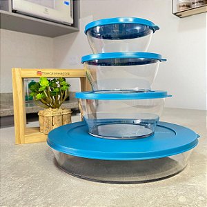 Kit 4 Peças Clear Transparente com Tampa Azul