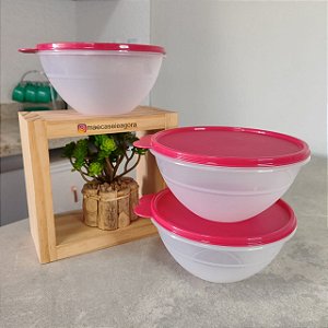 Kit 3 Peças Tigela Maravilhosa 1 Litro Transparente Tampa Vermelha