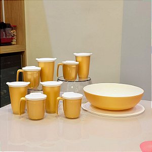 Kit 9 Peças Tigela Allegra Dourado e Branco