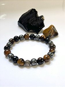 Pulseira Proteção - Olho de Tigre, Turmalina negra e Hematita