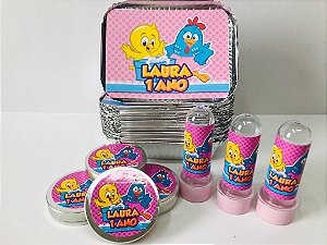 30 Tubetes + 30 Latinhas + 30 Marmitinhas Personalizados - Galinha Pintadinha Rosa