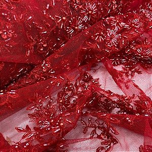Renda Bordada com Pedrarias Vermelho tecido para Roupas e Costura Criativa