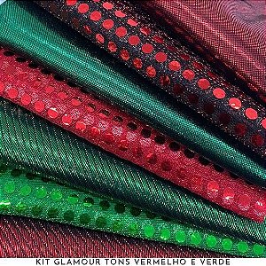 Kit Glamour Tecidos Vermelho e Verde Metalizados, Lantejoulas e Brilhos, 7Recortes 