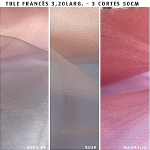 Tule Francês 3Cortes Rosados tecido Fino, Brilhoso, Decorações - Medida 50cmx3,20m