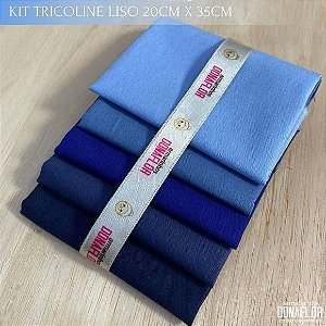 Kit Tricoline 5Tecidos Liso Tons Azul 100% Algodão - Medida 20cm x 35cm 