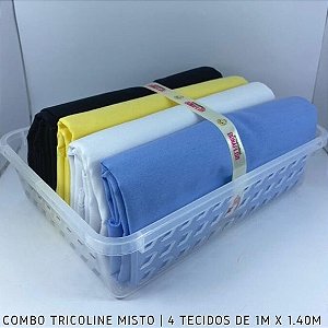 Combo Tricoline Misto Multicores 4tecidos 1mx1.40m + Cestinha