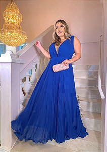 Vestido longo de festa plus size, cinto removível e saia evasê- Azul turquesa