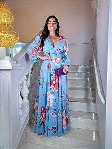 Vestido de festa floral, com manga longa e decote V -azul
