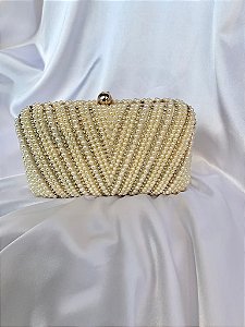 Bolsa clutch retangular com pérolas e strass-Dourado
