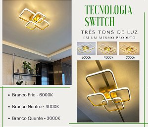 Luminária sobrepor 60W 4 quadrados dourada luz 3/1