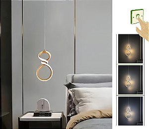 Luminária Pendente Minimalista Led Moderno Infinito Vertical Espiral Onda Quarto Cabeceira Dourado Cabo 2m