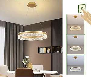 Lustre Pendente Moderno Dourado Cristal Led 50cm Redondo Luxo Luz 3/1