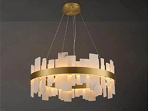 Lustre Pendente Moderno De Luxo Redondo Dourado 60cm Em Mármore Sintético Luz 3/1 - Green Age