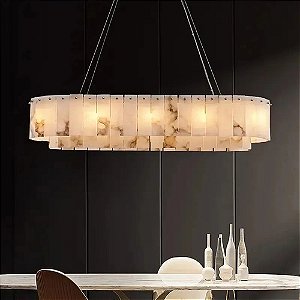 Lustre Pendente Moderno De Luxo Retangular Oval Nórdico Dourado Em Mármore Sintético Luz 3/1 - Green Age 127/220v