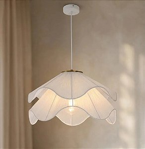Lustre Pendente Moderno Organico Boho Flor Serena Em Tecido Plissado Branco 40cm - Green Age
