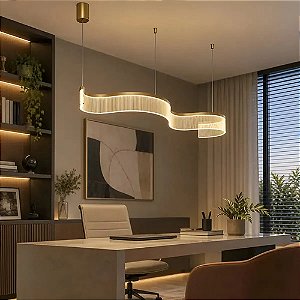 Lustre Pendente Moderno Dourado Canelado Onda Espiral De Acrilico Com Luz Led 3 Em 1 - Green Age 127/220v