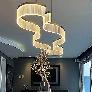 Kit 2 Lustre Pendente Moderno Dourado Canelado Onda Espiral De Acrilico Com Luz Led 3 Em 1 - Green Age 127/220v