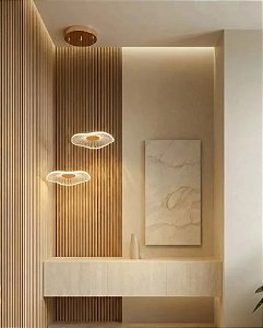 Lustre Pendente Moderno Dourado Com 2 Folhas De Lótus Em Acrilico Com Luz Led 3 Em 1 - Green Age 127/220v