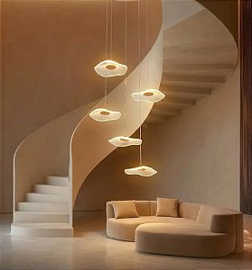Lustre Pendente Moderno Dourado com 5 Folhas de Lótus de Acrílico com Luz Led 3 em 1 - Green Age