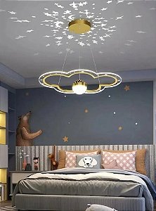 Lustre Pendente Moderno Dourado Nuvem Com Globo Estrelado Para Quarto Infantil Com Luz Led 3 Em 1 - Green Age 127/220v