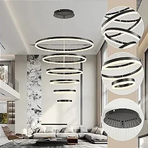 Lustre Pendente Moderno 6 Anéis Preto Pé Direito Duplo Cabo 4m 240w Luz 3/1 - Green Age 127/220v