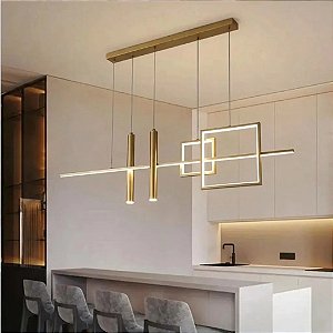 Lustre Pendente Moderno Dourado Nórdico Linear Com Quadrados E Tubos Luz Led 3 Em 1 - Green Age 127/220v