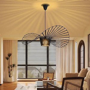 Lustre Pendente Moderno Preto Chapéu Vintage Rattan Design Italiano Vertigo 60cm - Green Age 127/220v